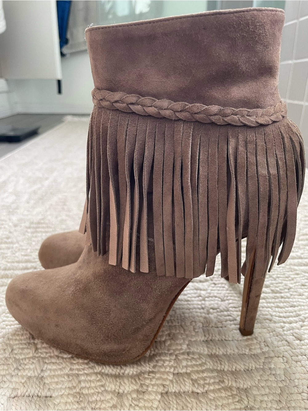 Charles David Taupe Suede Fringe Ankle Boots, 7
